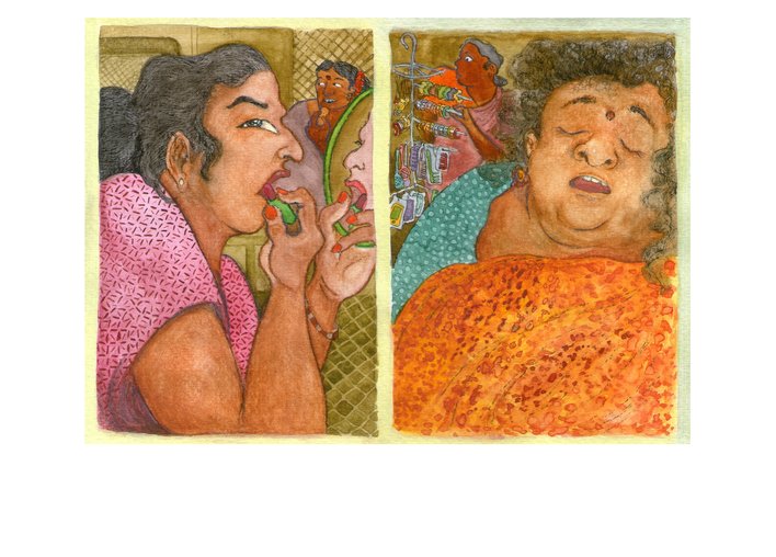 A lady sleeping and another applying makeup