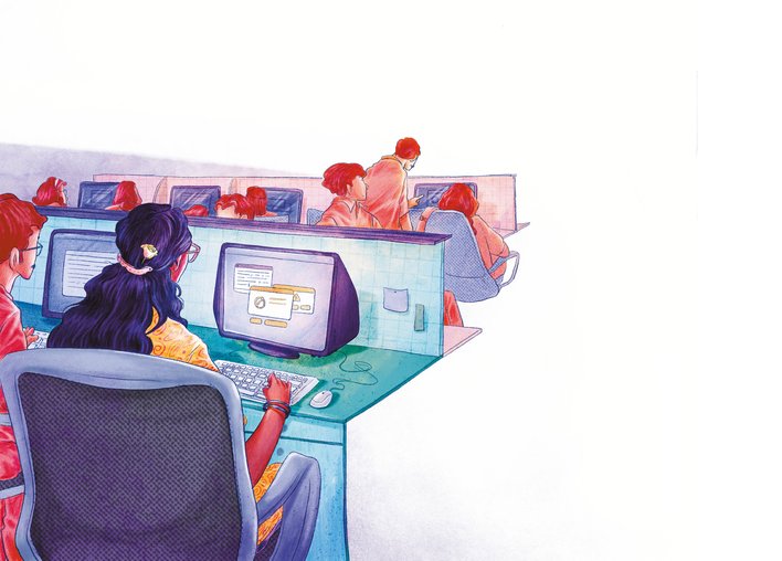 Woman working in a computer lab