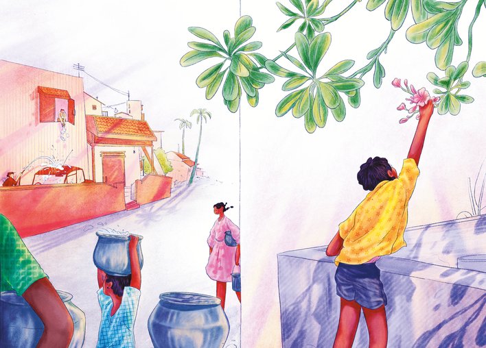 Child carrying a pot of water and then plucking a flower