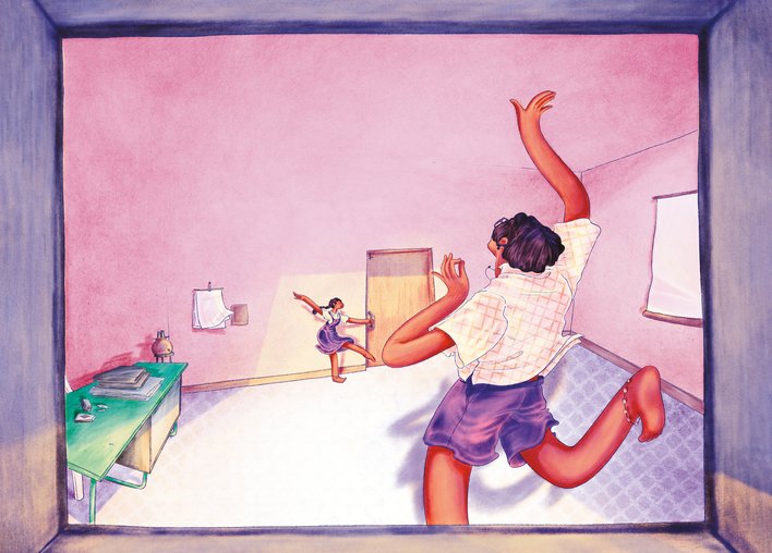 Two students dance inside a classroom
