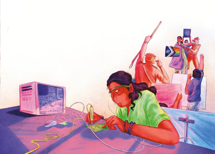 Woman soldering something against the backdrop of a protest for recognising trans rights