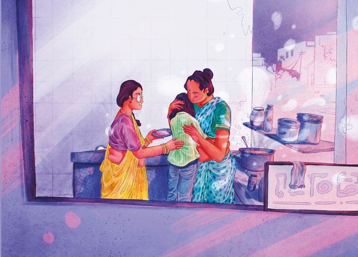 A transgender woman embracing a young person as anothe looks on