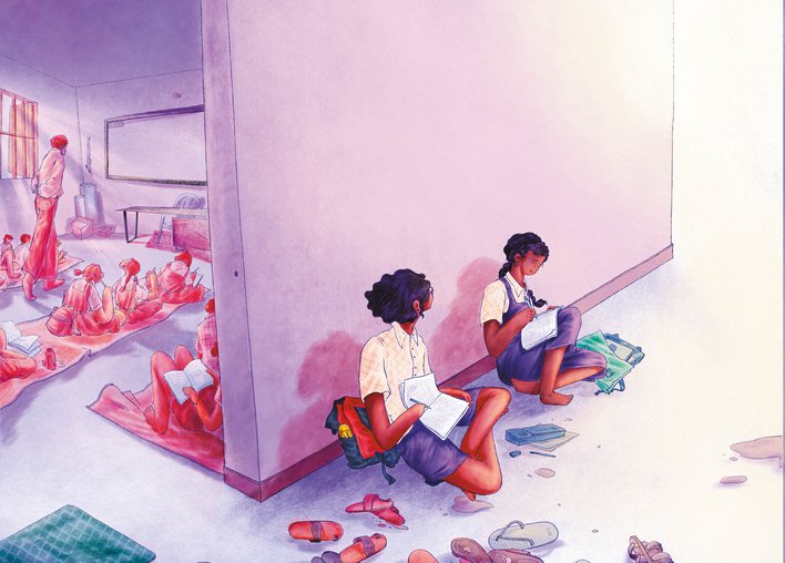 Two students sit outside a classroom while the rest sit inside