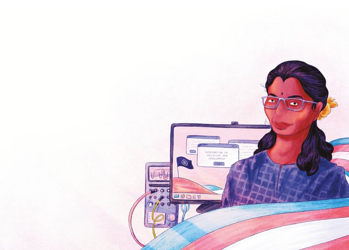 Woman surrounded by the transgender pride flag and computer screens