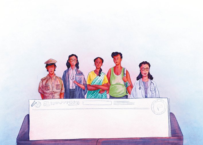 People pursuing different professions stand in a line against some documents