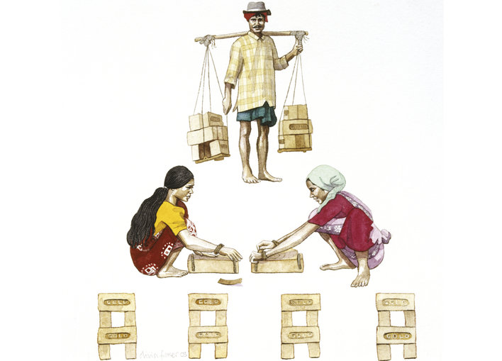 Three workers making and carrying bricks