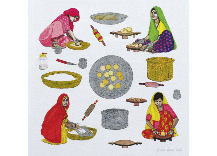 Different stages of making rotis through four women
