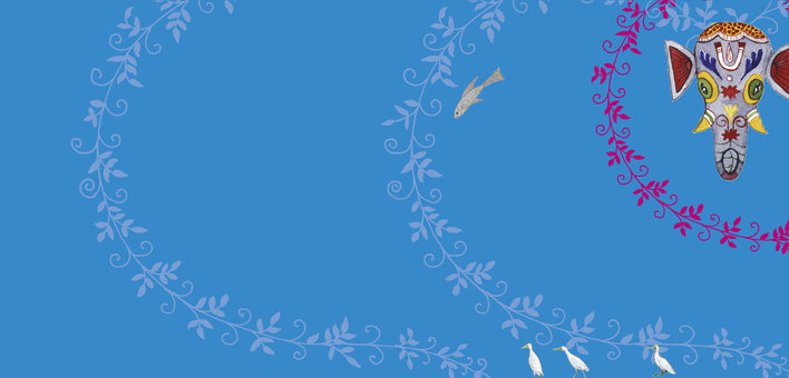 Traditional blue patterned background with image of Jagannath in corner