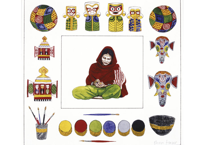 A craftsperson surrounded by the art she has created