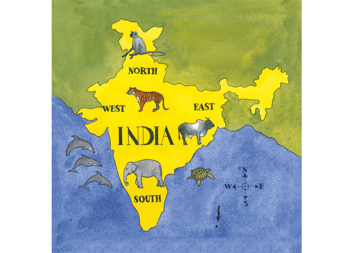 A map of India marking the four directions and animals specific to those parts