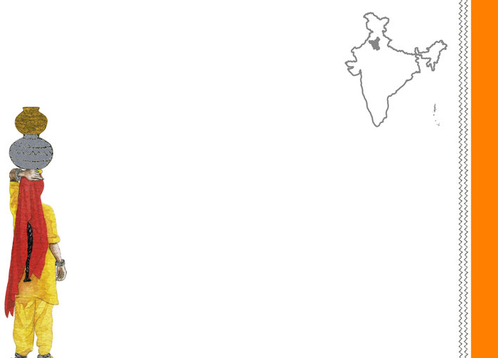 Woman carrying a pot over her head and a map of India highlighting Haryana in the corner