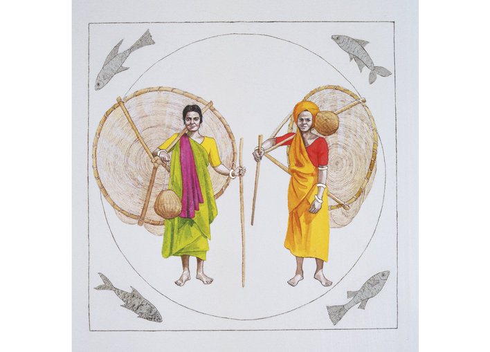 Two women carrying huge fish nets