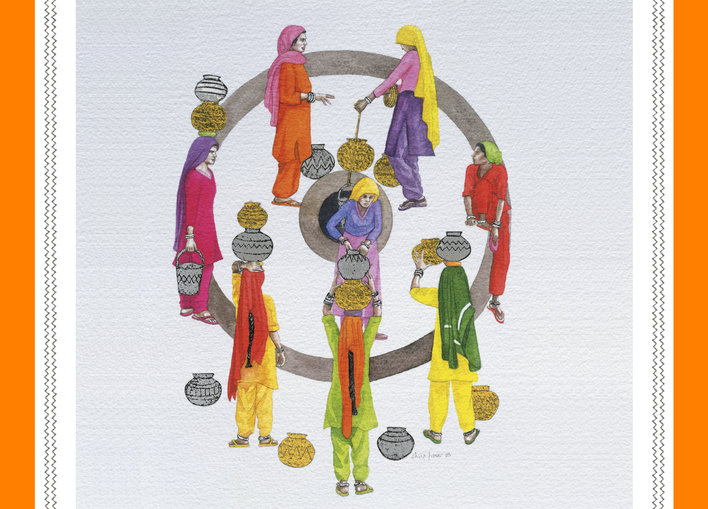 Women from a village collecting water from a well and carrying pots on their heads