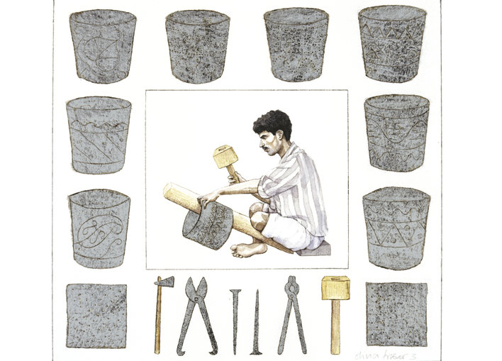 A man making a bucket with tin strips, surrounded by his tools and creations