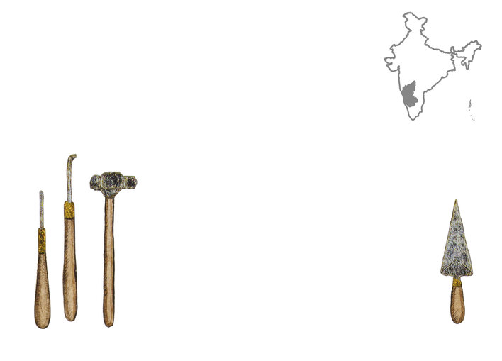 Map of India highlighting Karnataka with sculpting tools in the corner