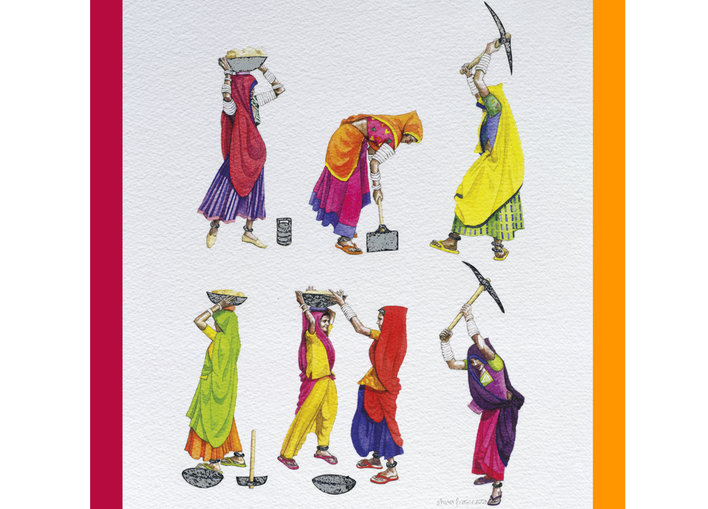 Women building roads with shovels and picks