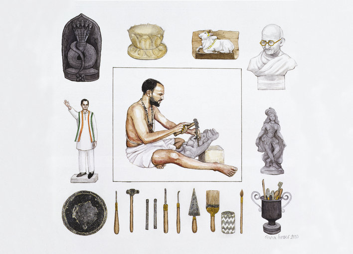 Sculptor using his tools to create idols of worship and influence