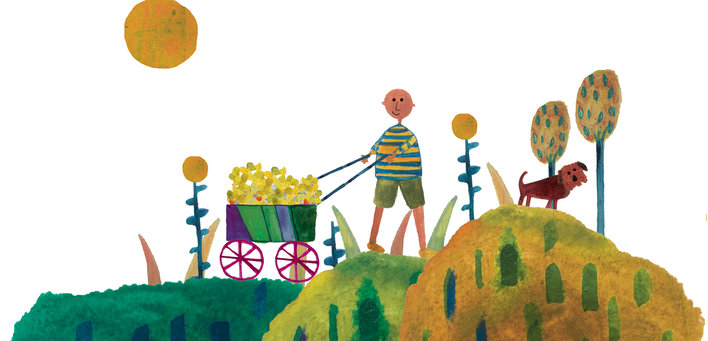 Boy with a cart and a dog