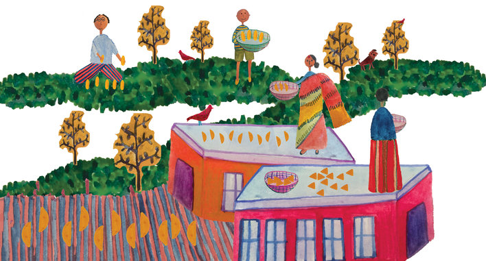 People drying mango slices on roof tops
