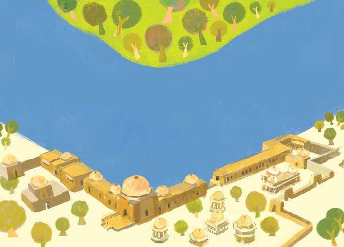 Rows of buildings by a lake