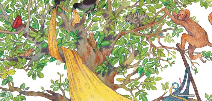 A monkey and squirrels on a tree