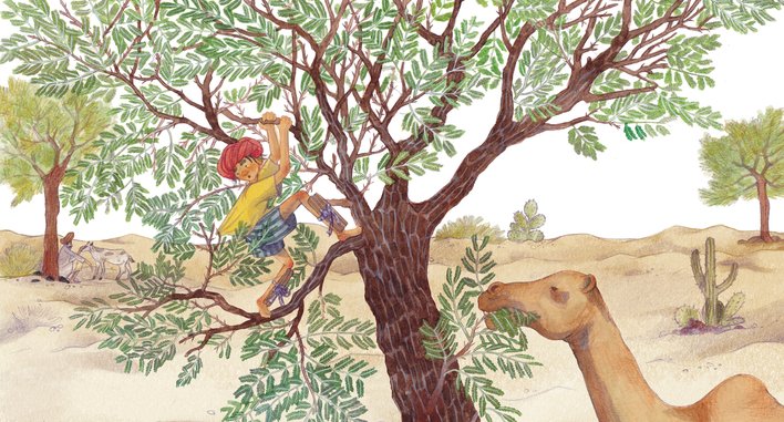 A girl climbing up a khejri tree