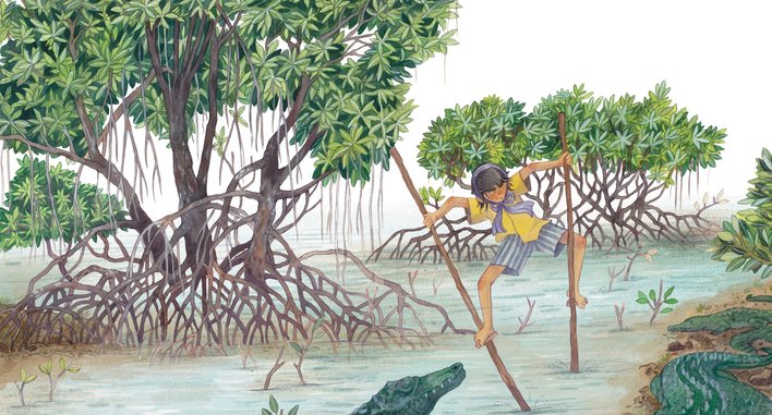 A girl splashing through the waters of a mangrove