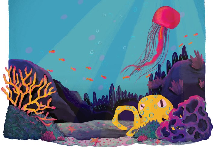 Underwater with octopus and jellyfish