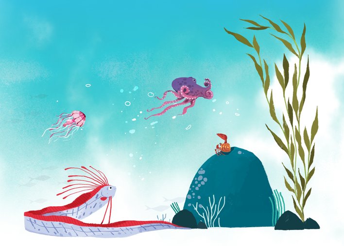 Aquatic animals and plants of various sizes and weights