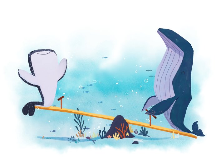 Whale shark and a humpback whale sitting on a seesaw underwater