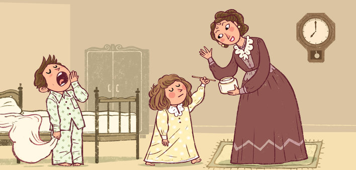 Children and mother early in the morning