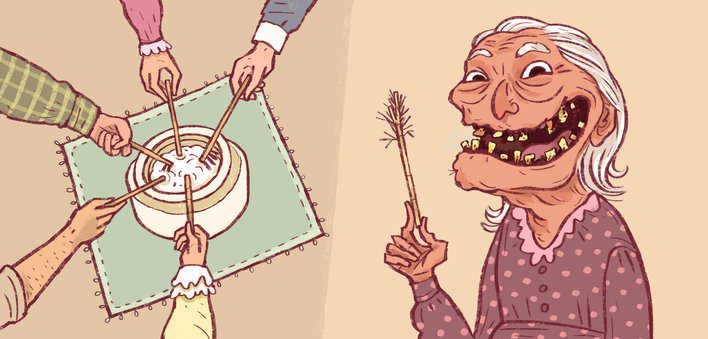 An old woman holding a toothstick