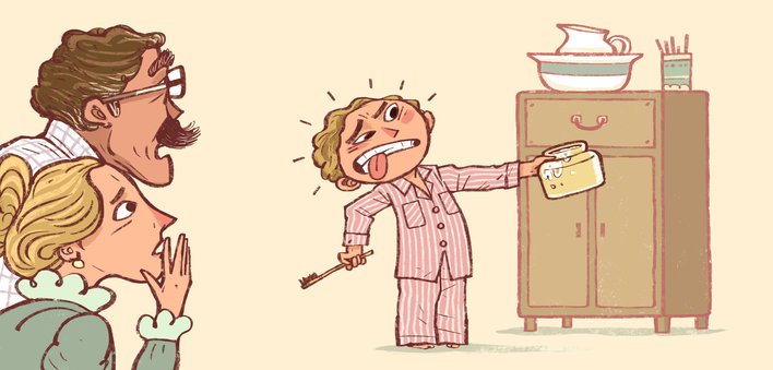 Shocked parents, a boy looking with disgust at a jar