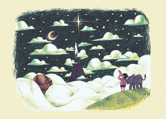 Boy and elephant gazing into the distance