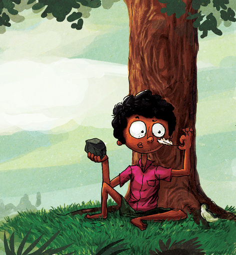 Boy holding a rock and a feather under a tree