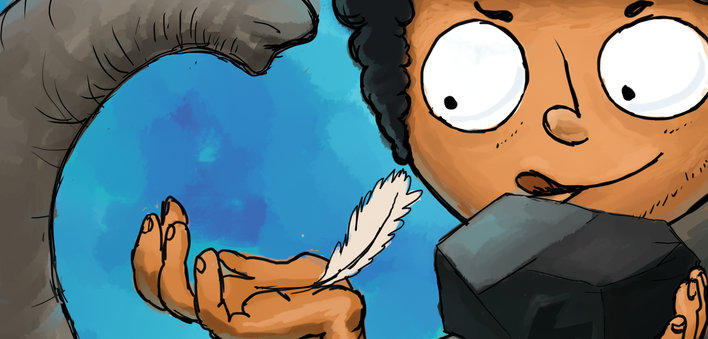 Boy holding rock and feather