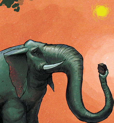 Elephant carrying a stone in his trunk
