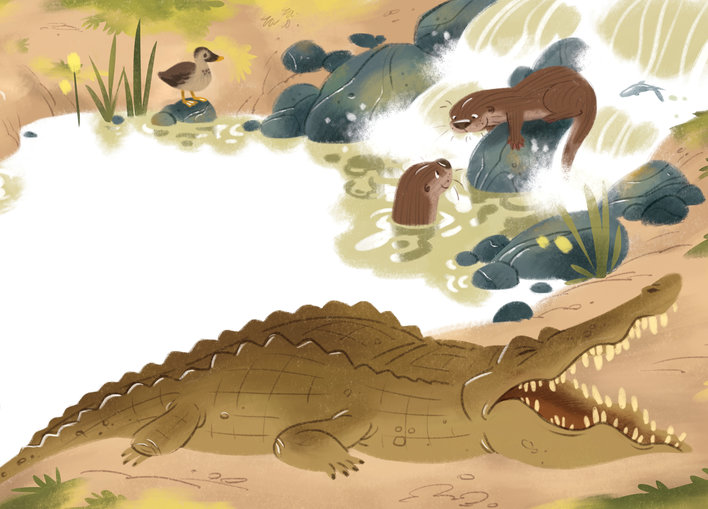 A crocodile and otters by the river