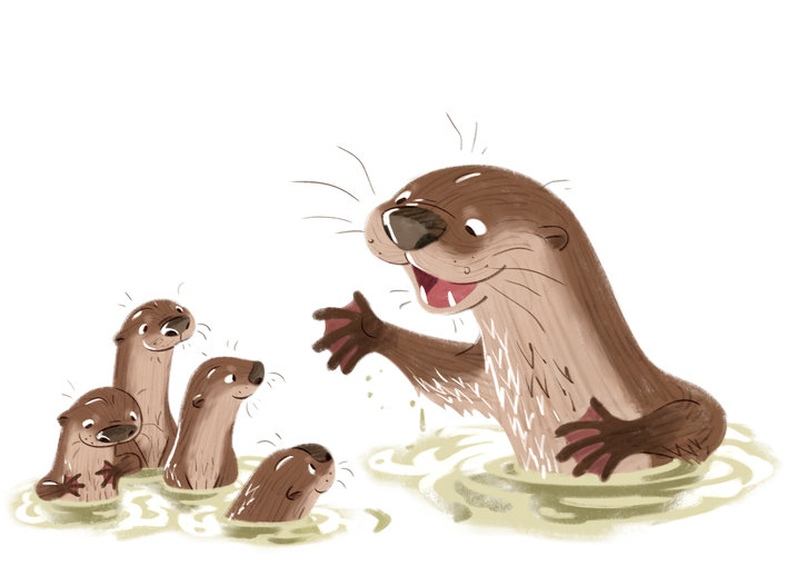 Adult otter and otter pups