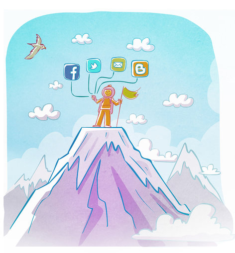 Man using his phone from on top of a mountain