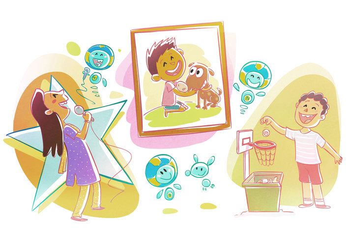 Girl singing, Boy playing with a dog, Boy using a bin