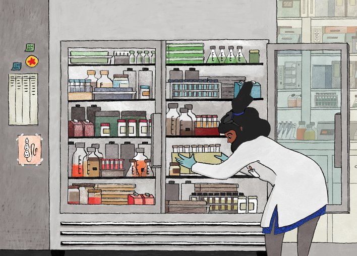 Microbiologist looking through the fridge