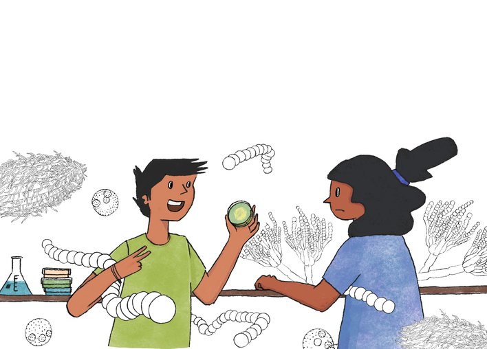 Boy and girl talking about microbes
