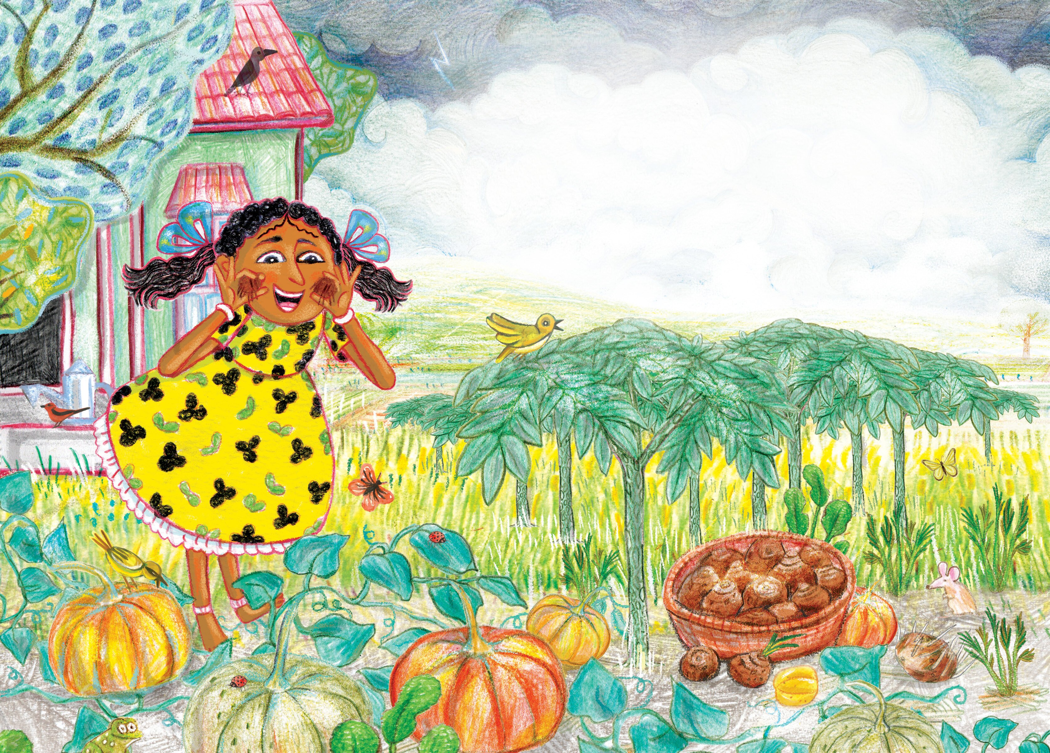 A girl gathering gourds from the home garden