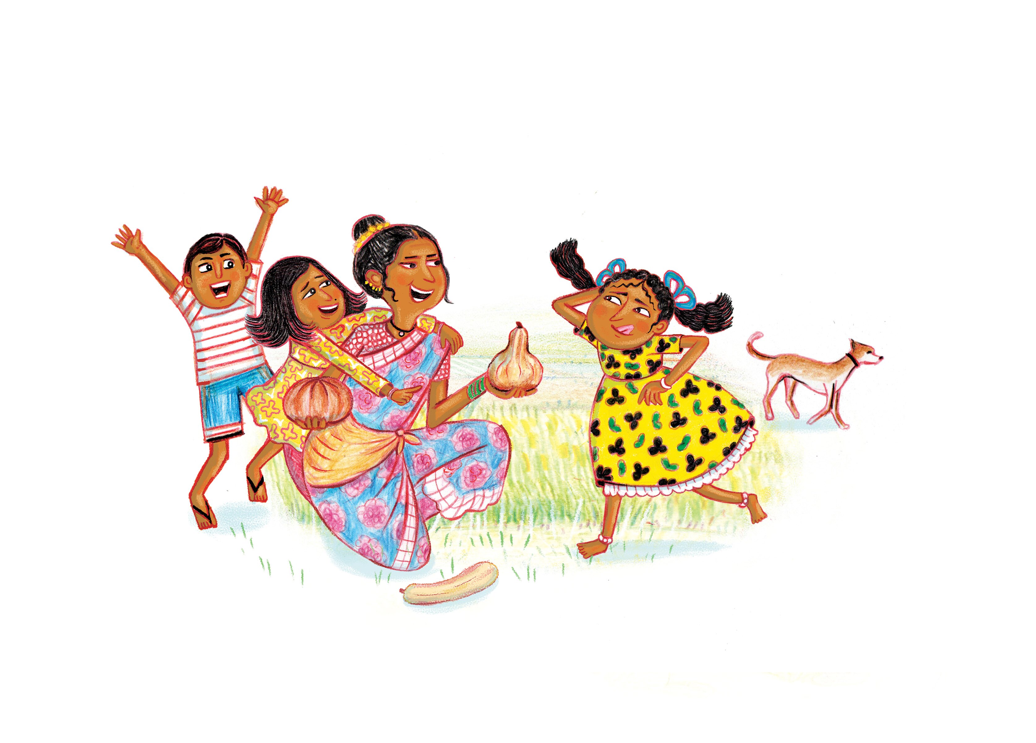 Children gathered around a lady harvesting gourds