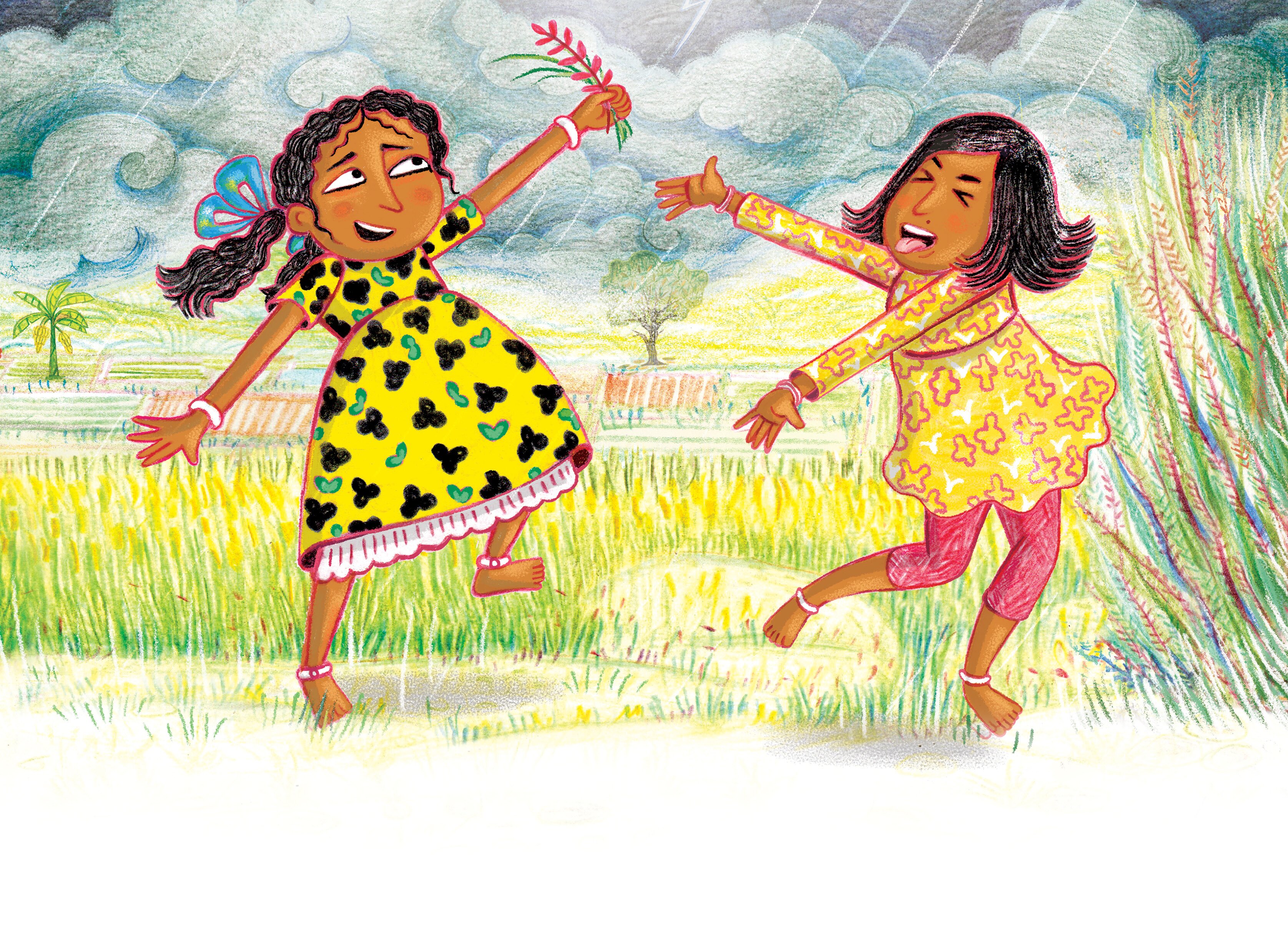 Two children going to the fields to forage