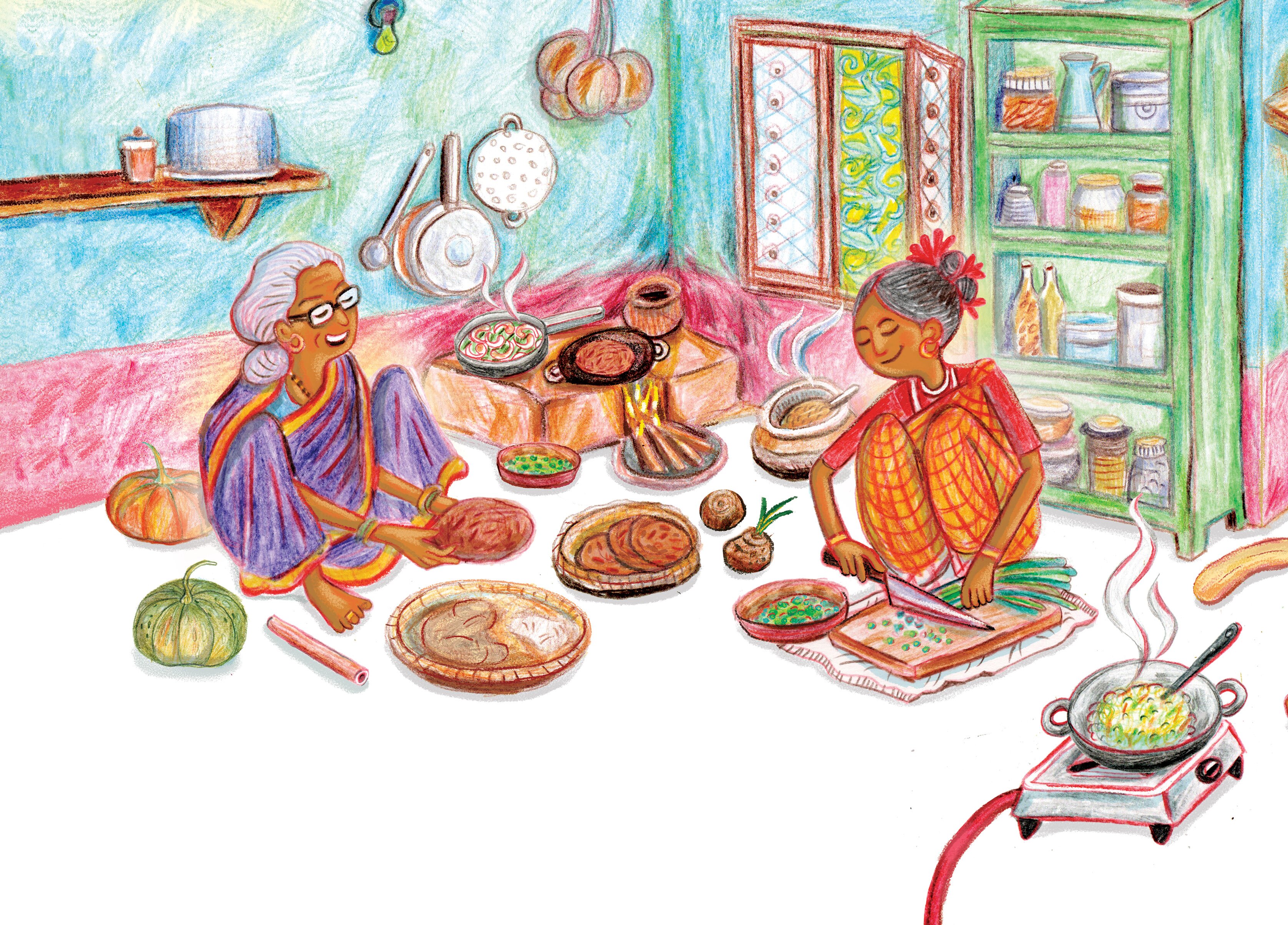 A group of people cooking in a traditional kitchen