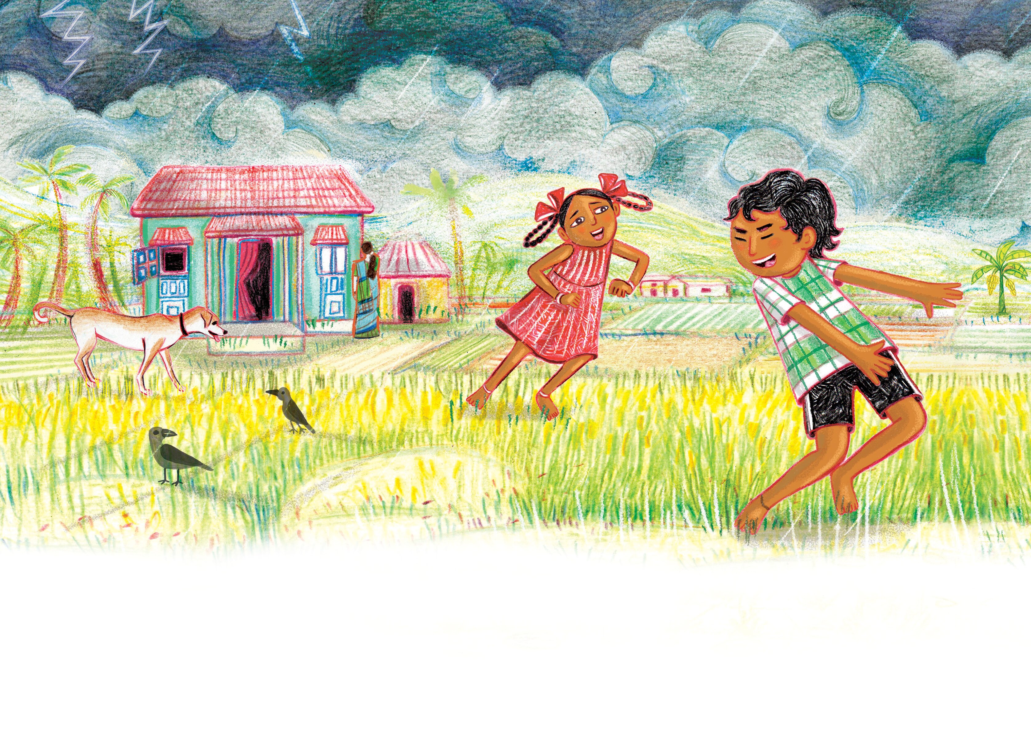 Two children running into the fields