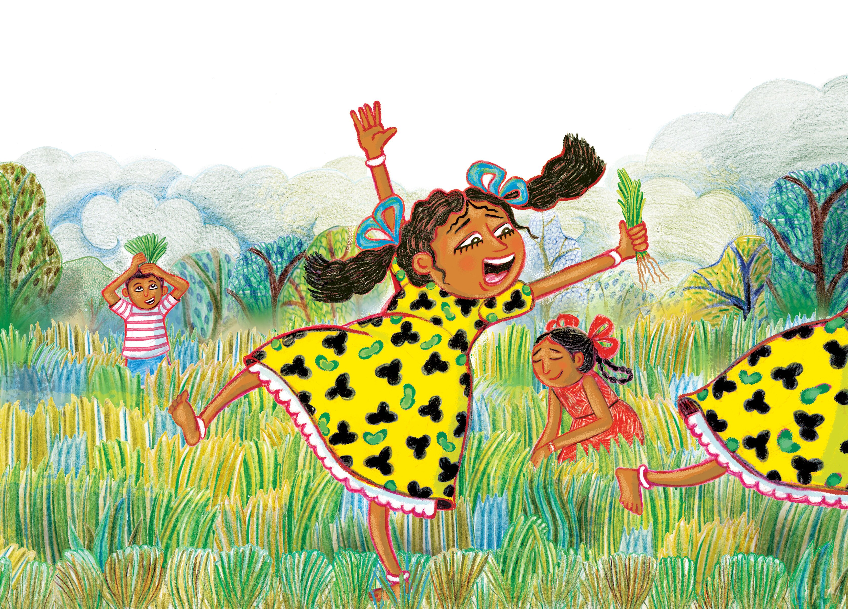 Children plucking greens leafy vegetables from the fields
