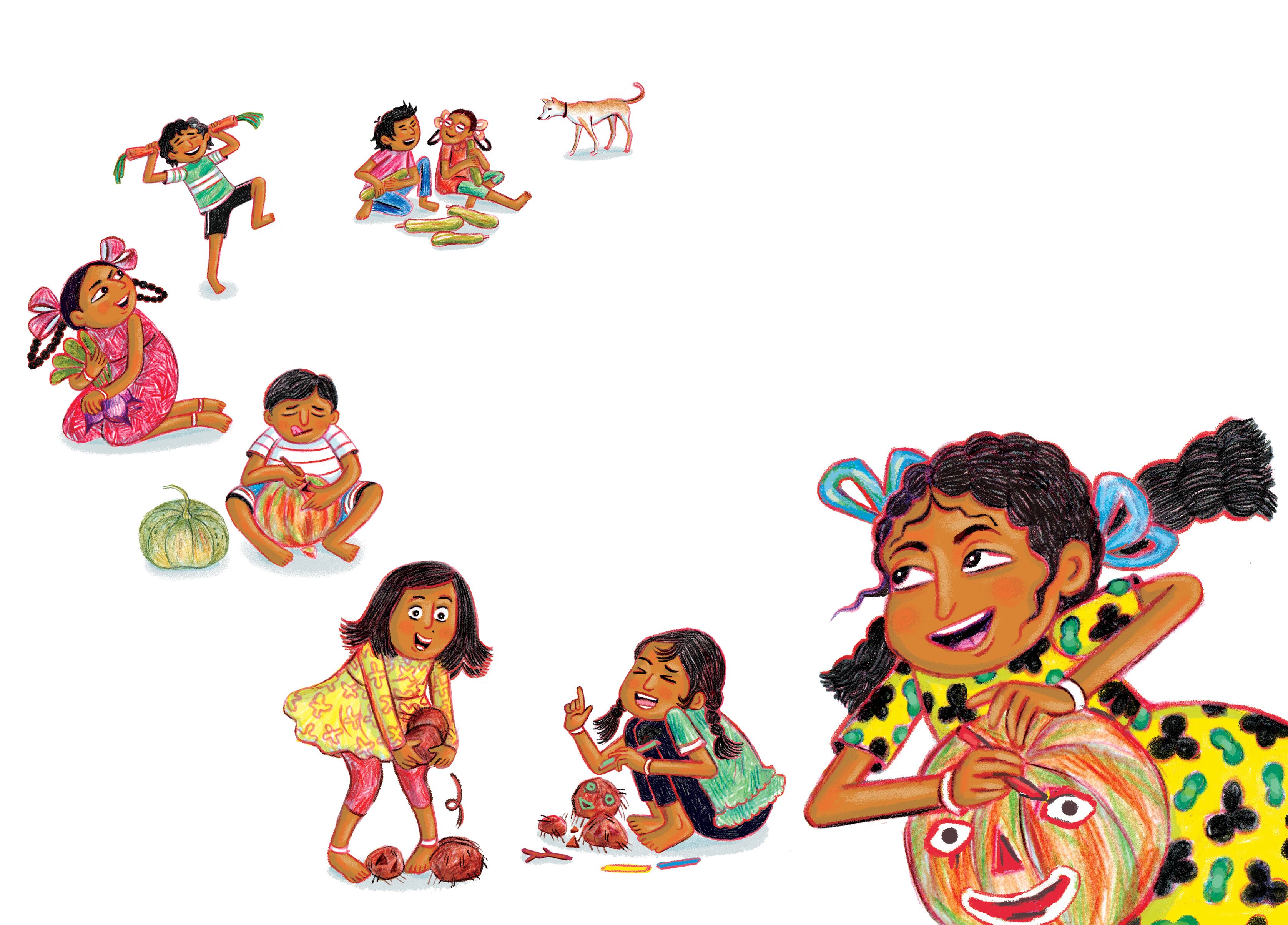 Children drawing eyes on tubers and gourds
